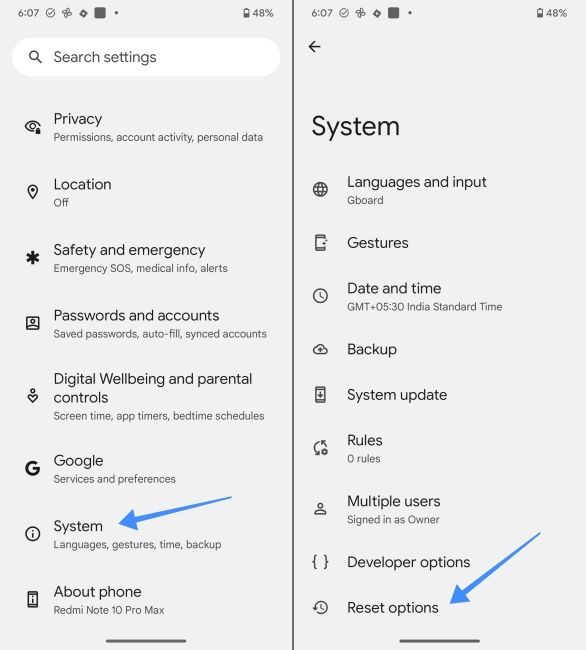 Go to System and Reset option on Android Go to System and Reset option on Android