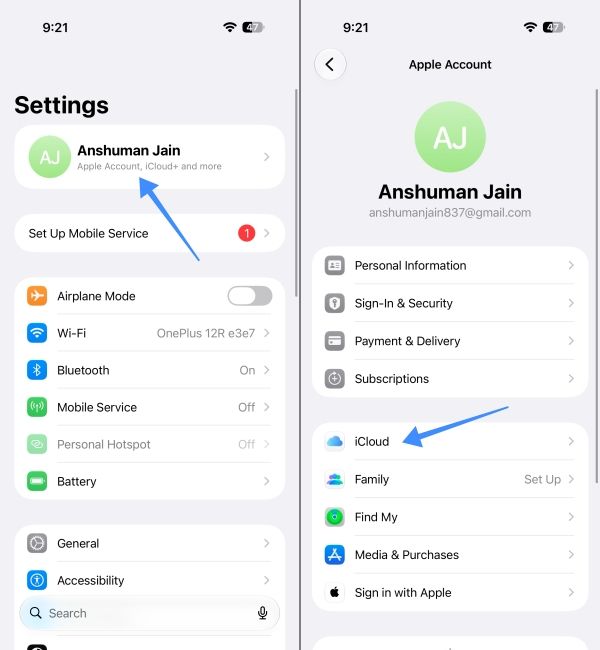 Go to iCloud option on iPhone Go to iCloud option on iPhone