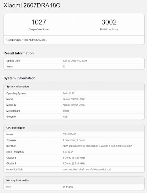 Redmi Note 17 Geekbench listing spotted