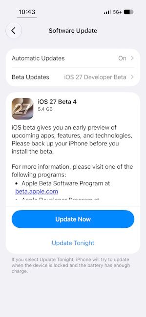 iOS 27 Developer Beta 4 update rolling out iOS 27 Developer Beta 4 update rolling out