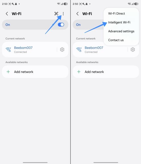 Open Settings in One UI 9 and tap on Connections and tap on Wi-Fi again