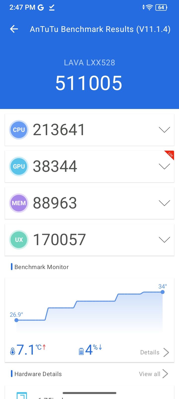 Lava Virat V1 5G Antutu benchmark screenshot Lava Virat V1 5G Antutu benchmark screenshot