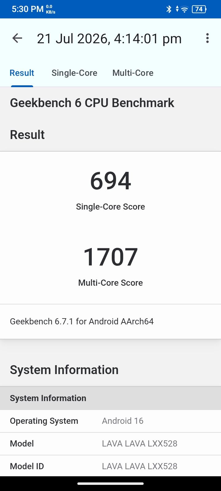 Lava Virat V1 5G Geekbench 6 benchmark screenshot Lava Virat V1 5G Geekbench 6 benchmark screenshot