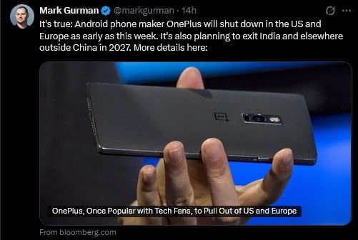 Mark Gurman post about OnePlus exiting India Mark Gurman post about OnePlus exiting India