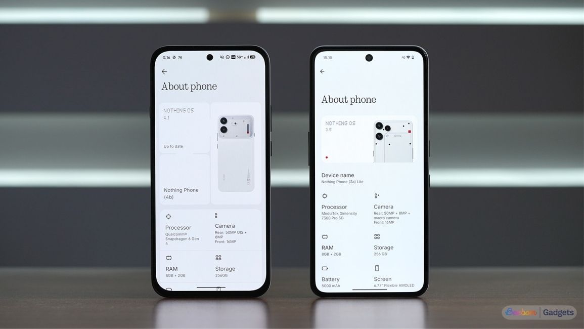 Nothing Phone 4b vs Nothing Phone 3a Lite software about page showcase