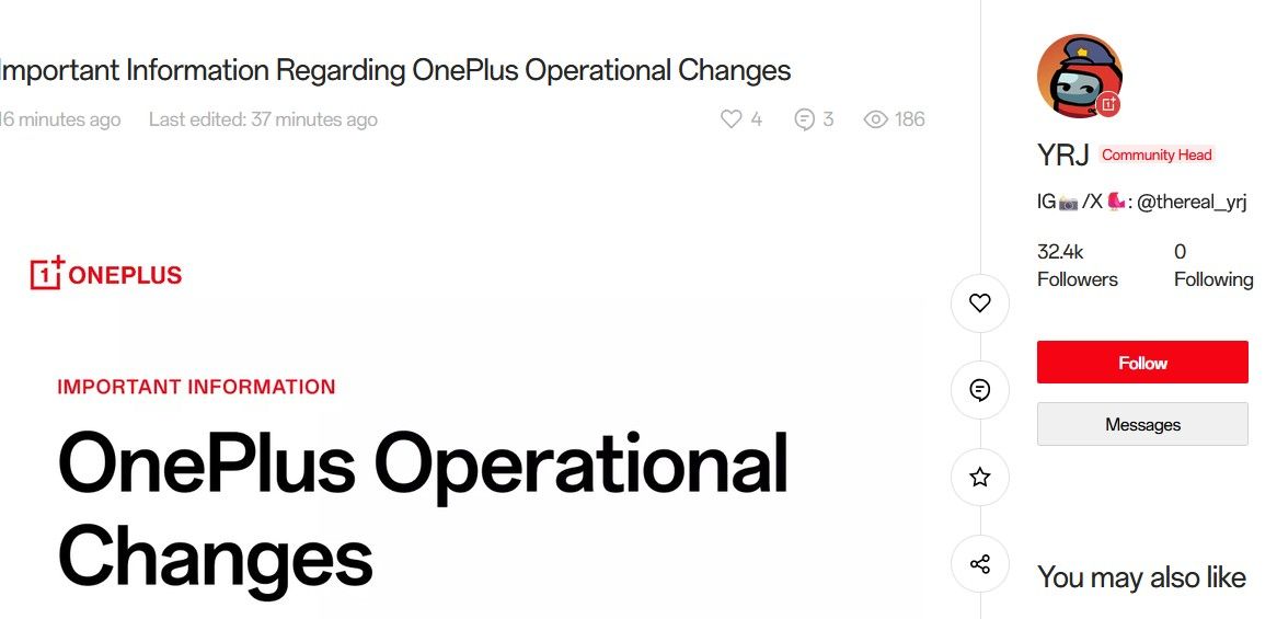 OnePlus official Community announcement in NA and Europe