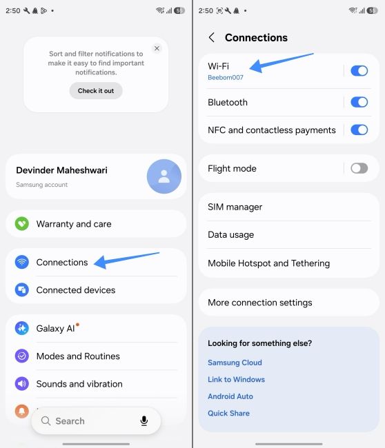Open Settings in One UI 9 and tap on Connections and tap on Wi-Fi again
