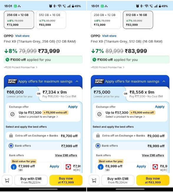 Oppo Find X9 smartphone offer pages on flipkart