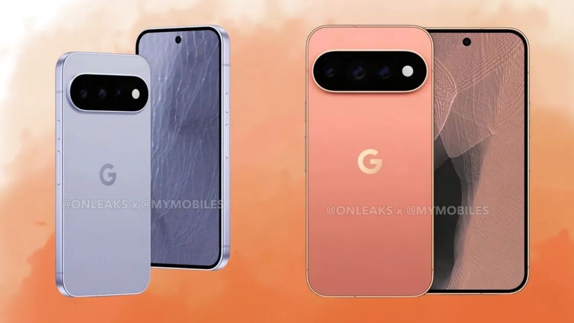 Pixel 11 and Pixel 11 Pro leaked rendered images against an orange background Pixel 11 and Pixel 11 Pro leaked rendered images against an orange background