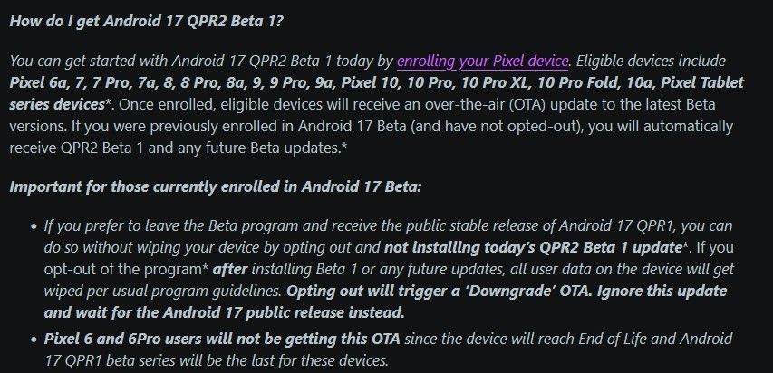 Google Pixel 6 excluded from Android 17 QPR2 Beta 1 update Google Pixel 6 excluded from Android 17 QPR2 Beta 1 update