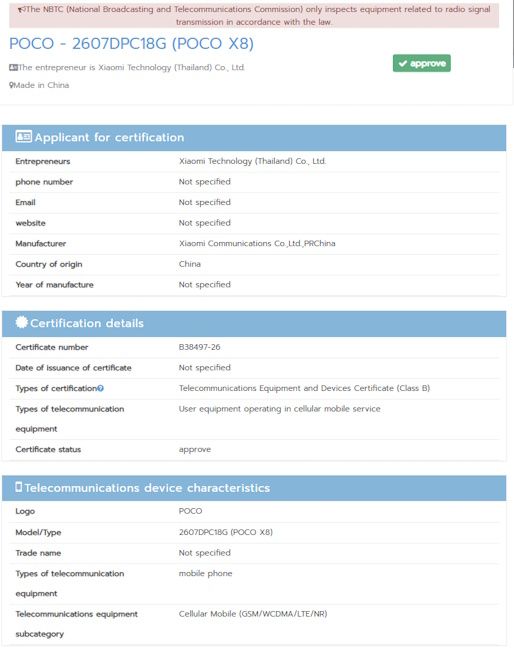 Poco X8 NBTC certifications bagged in Thailand