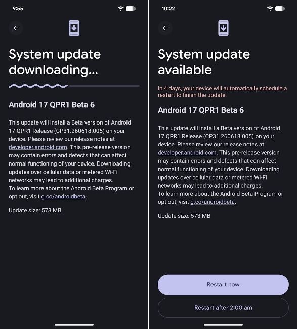 Android 17 QPR1 Beta 6 update screen
