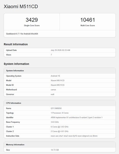 Redmi K100 Series Geekbench result