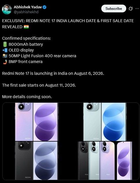 Redmi Note 17 smartphone key specs and launch date shared by Abhishek Yadav Redmi Note 17 smartphone key specs and launch date shared by Abhishek Yadav
