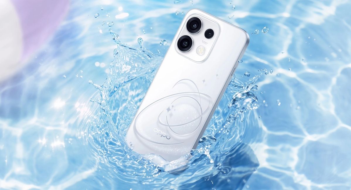 Oppo Reno 16C in starry white illustration from the back in water