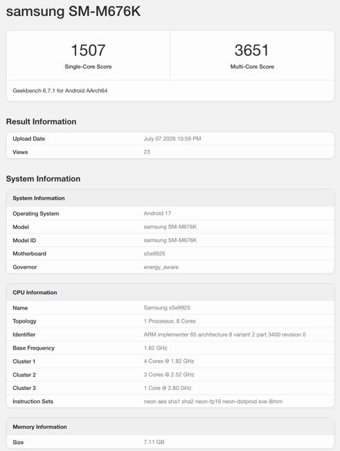 Samsung Galaxy M67 smartphone listing on Geekbench