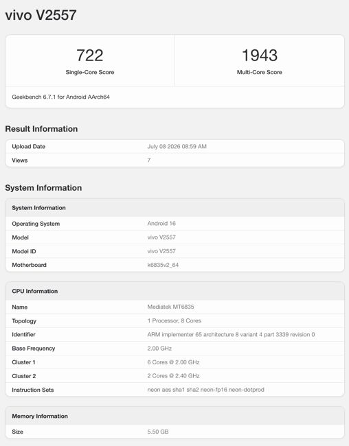 Vivo V2557 Geekbench results page Vivo V2557 Geekbench results page