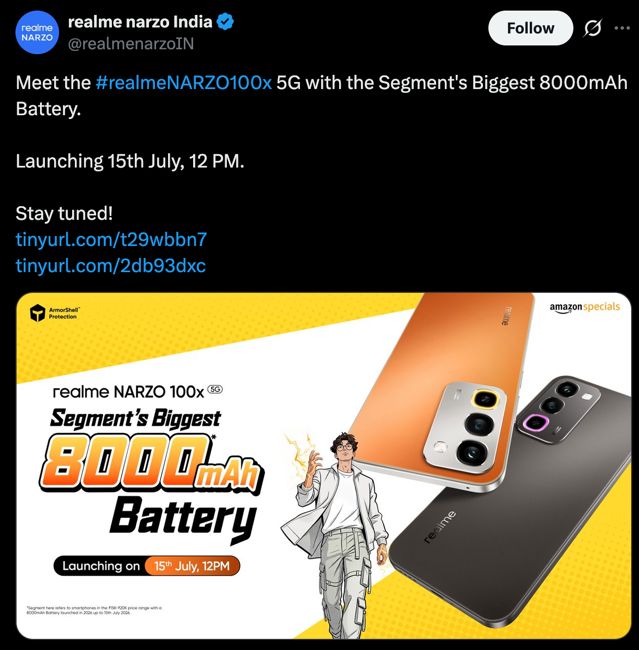 Post from Realme Narzo X account announcing launch date of Narzo 100x