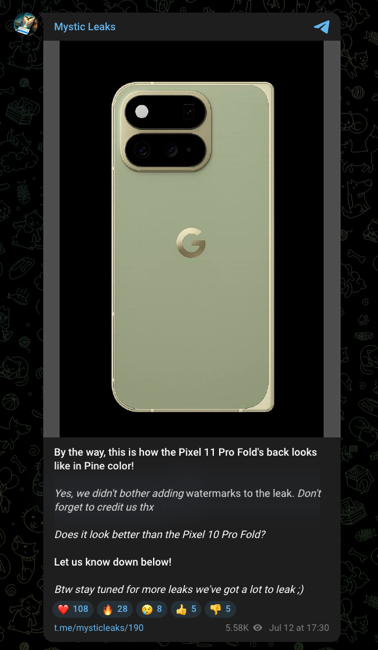 Mystic Leaks Telegram channel with the Pixel 11 Pro Fold smartphone in Pine colourway