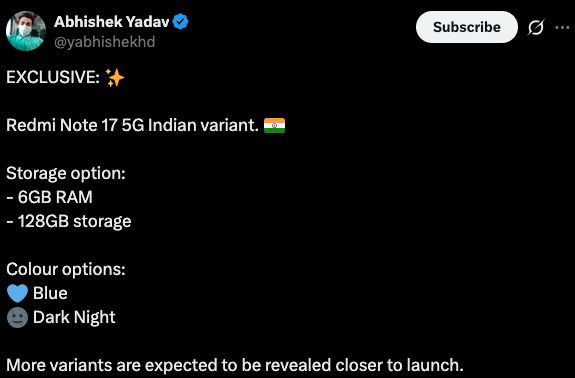 Redmi Note 17 5G India storage and colours leak Redmi Note 17 5G India storage and colours leak