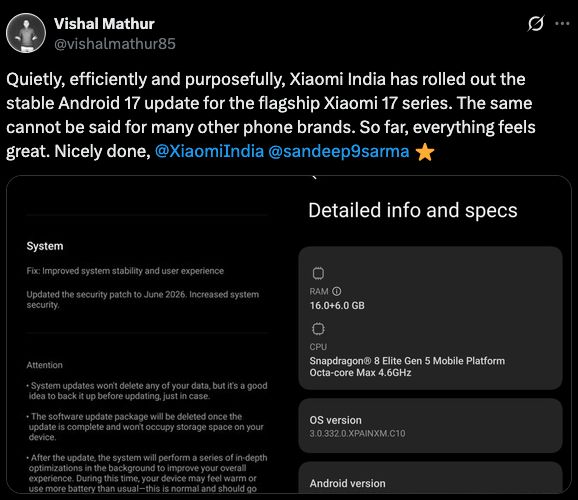 User Vishal Mathur on X sharing his satisfaction with Xiaomi 17 series Android 17 update User Vishal Mathur on X sharing his satisfaction with Xiaomi 17 series Android 17 update