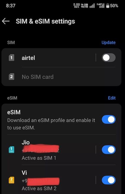 OnePlus SIM and eSIM settings page