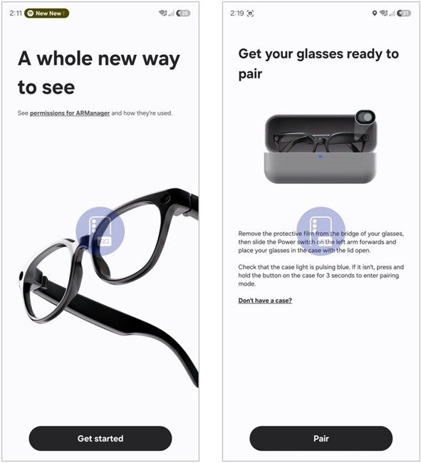 Samsung Galaxy Glasses app with Warby Parker Glasses and case design during setup process