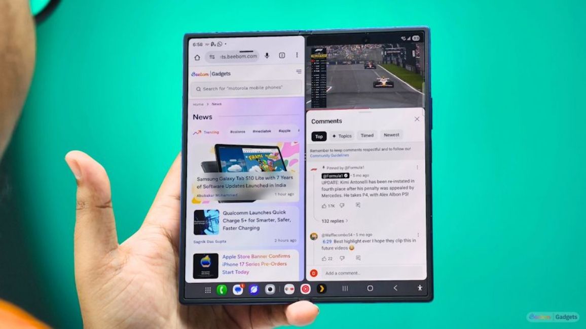 Samsung Galaxy Z Fold 7 showing multi tasking features on the inner display 