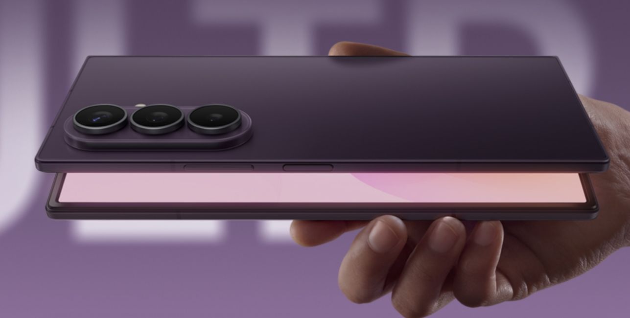 Samsung Galaxy Z Fold 8 Ultra half opened in hands product marketing material shot 