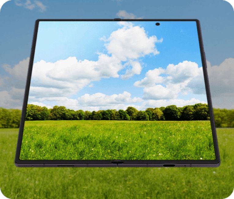 Samsung Galaxy Z Fold 8 Ultra display completely open showing a green scenic background