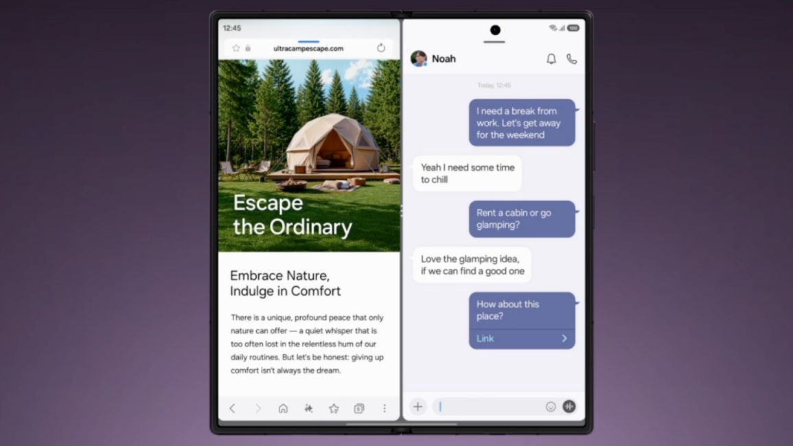 Samsung Galaxy Z Fold 8 Ultra opened with two apps running side by side in each section of the display