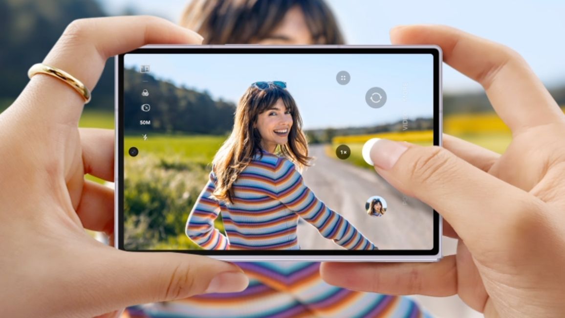 Samsung Galaxy Z Fold 8 camera showcased taking a photo of a woman