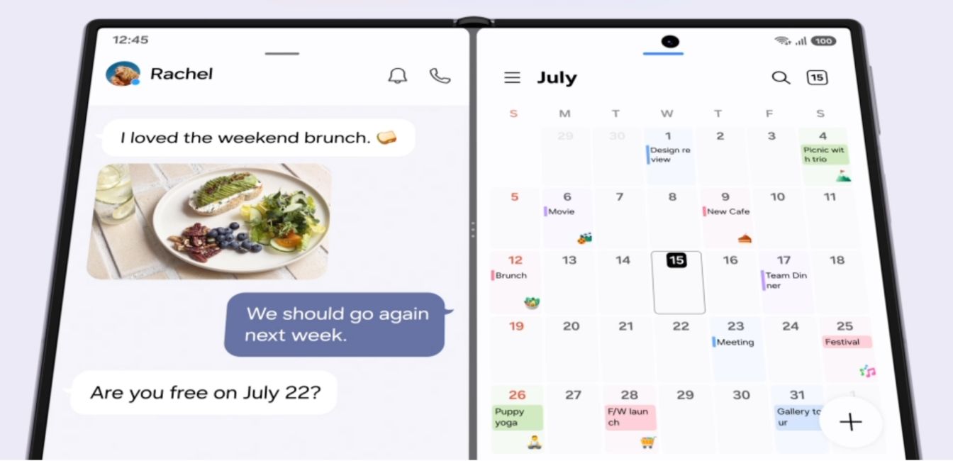 Samsung Galaxy Z Fold 8 display open shown with two apps running side by side