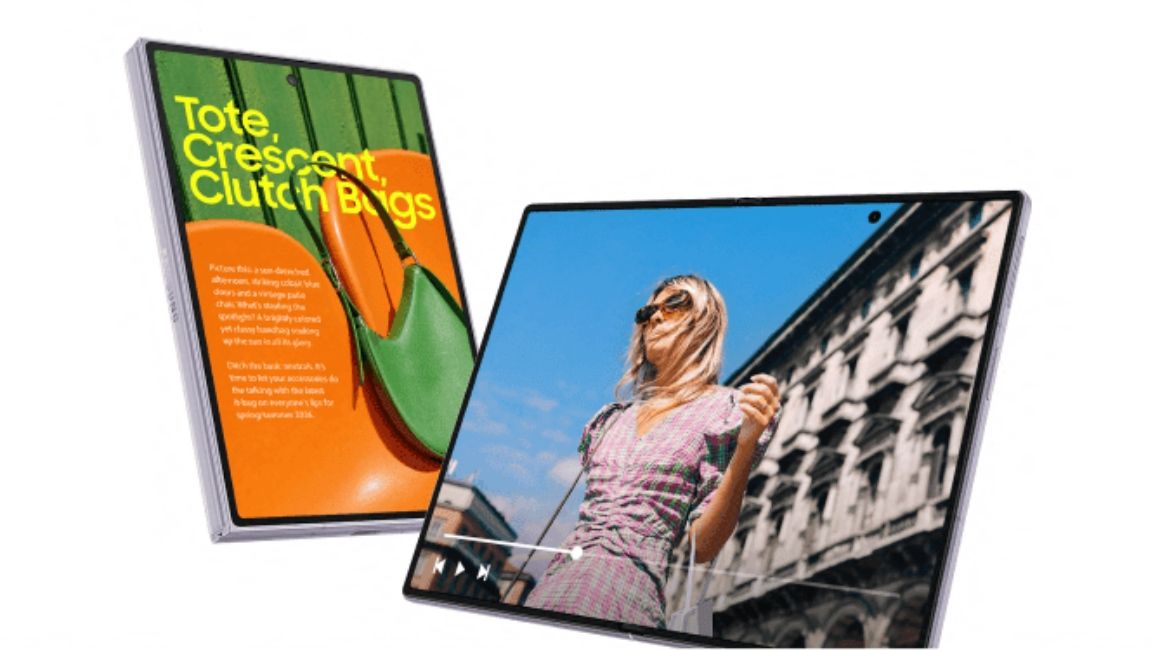 Samsung Galaxy Z Fold 8 display shown in marketing materials closed and open against a white background