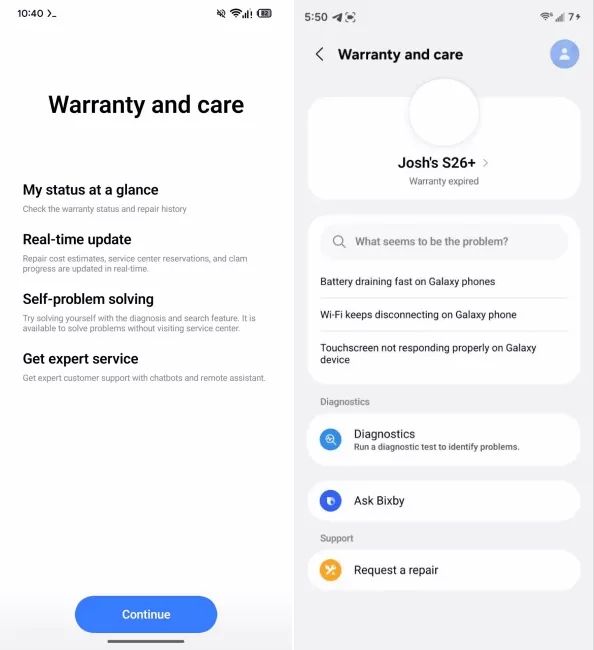 Samsung One UI 9 warranty and care page in settings Samsung One UI 9 warranty and care page in settings