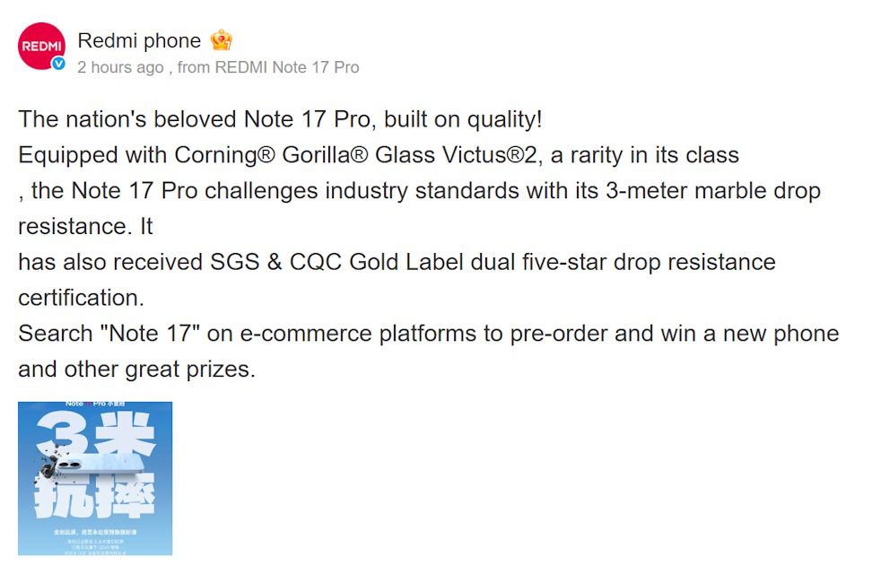 Redmi Note 17 Pro durability details Redmi Note 17 Pro durability details
