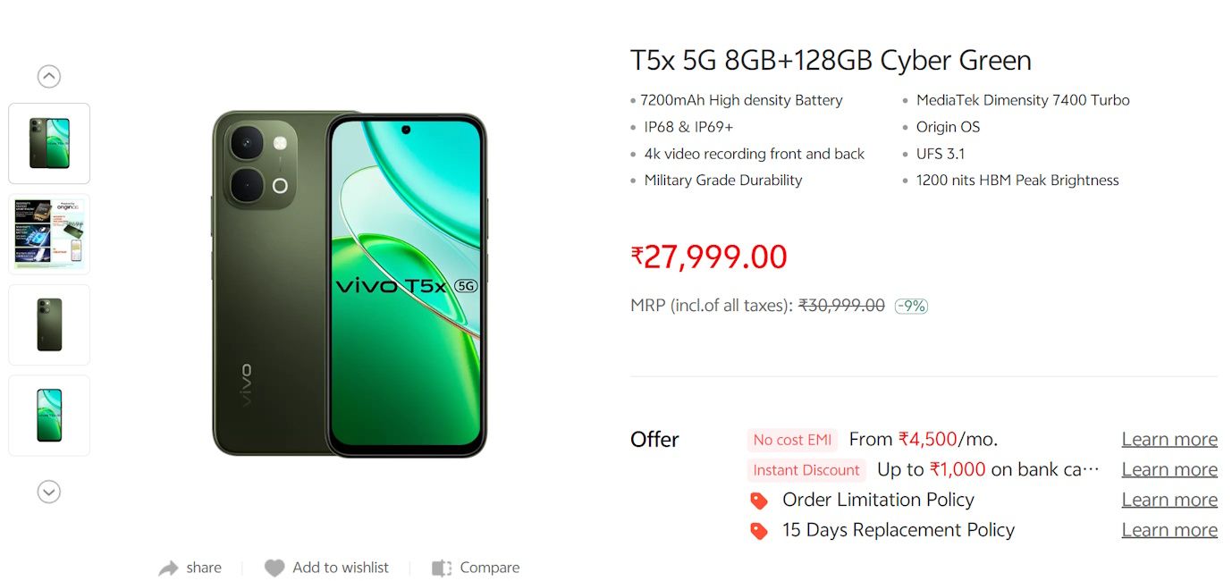 Vivo T5x price hiked in India