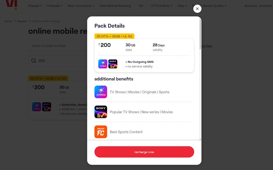 Vodafone Idea (Vi) Rs 200 prepaid recharge pack launched in India