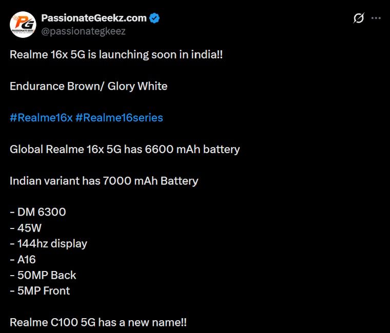 Realme 16x 5G leaked specifications and details
