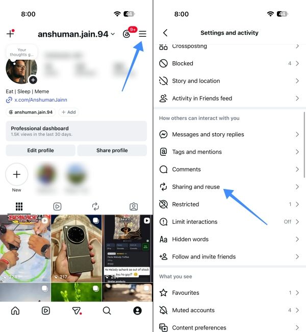 Screenshot showing Instagram profile and settings page Screenshot showing Instagram profile and settings page