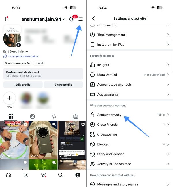 Screenshots showing Instagram profile and settings page Screenshots showing Instagram profile and settings page