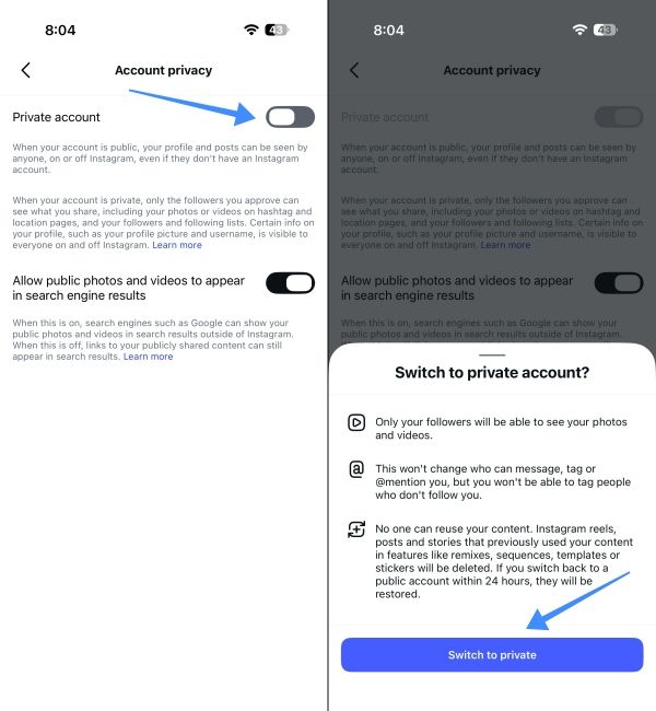 Screenshots showing private account toggle on Instagram Screenshots showing private account toggle on Instagram