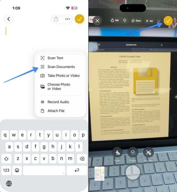 Select Scan Documents and tap on checkmark icon in the top right Select Scan Documents and tap on checkmark icon in the top right