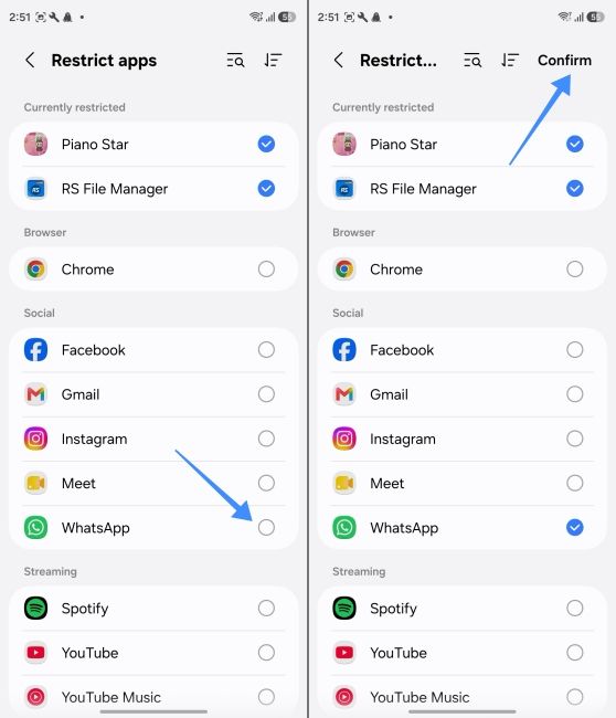 Select an app to restrict and tap on confirm to cut of internet access