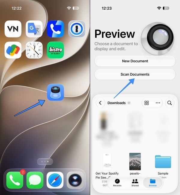 Tap Preview app on Scan Documents Tap Preview app on Scan Documents