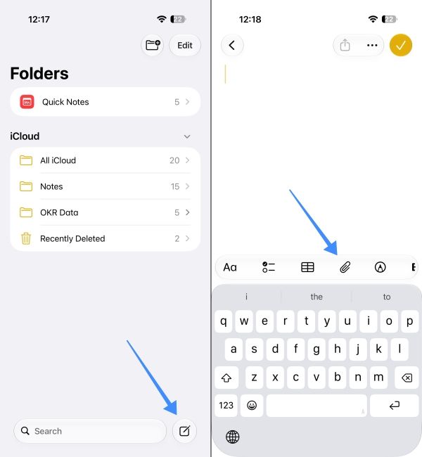 Tap attachment icon in the Notes app on iPhone Tap attachment icon in the Notes app on iPhone