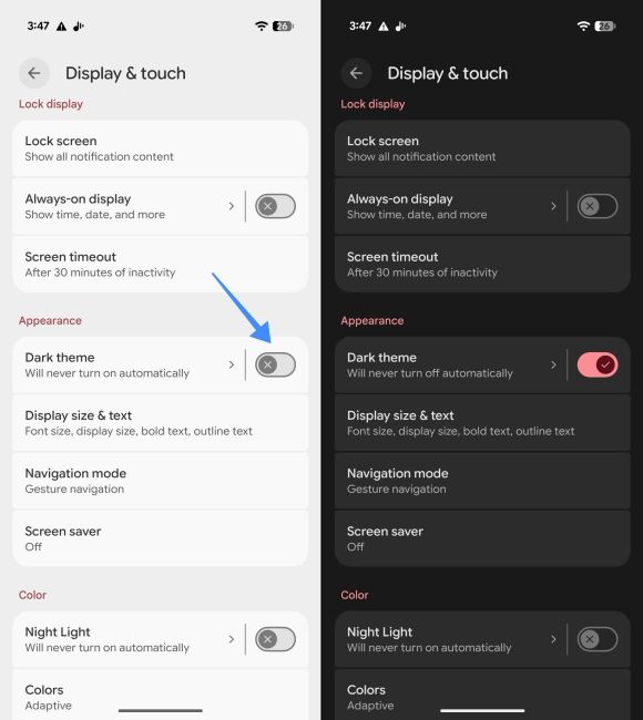 Turn on Dark theme option in the Pixel settings app Turn on Dark theme option in the Pixel settings app