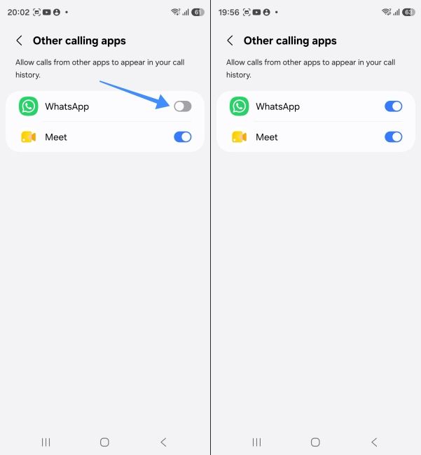 Turn on the toggle next to Whatsapp to see calls from it in the stock Phone app in One UI 9 Turn on the toggle next to Whatsapp to see calls from it in the stock Phone app in One UI 9