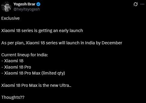 Yogesh brar's post on Xiaomi 18 series India information Yogesh brar's post on Xiaomi 18 series India information