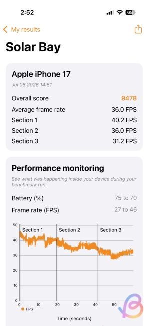 screenshot from iphone 17 running on a19 showing 3dmark solar bay score screenshot from iphone 17 running on a19 showing 3dmark solar bay score
